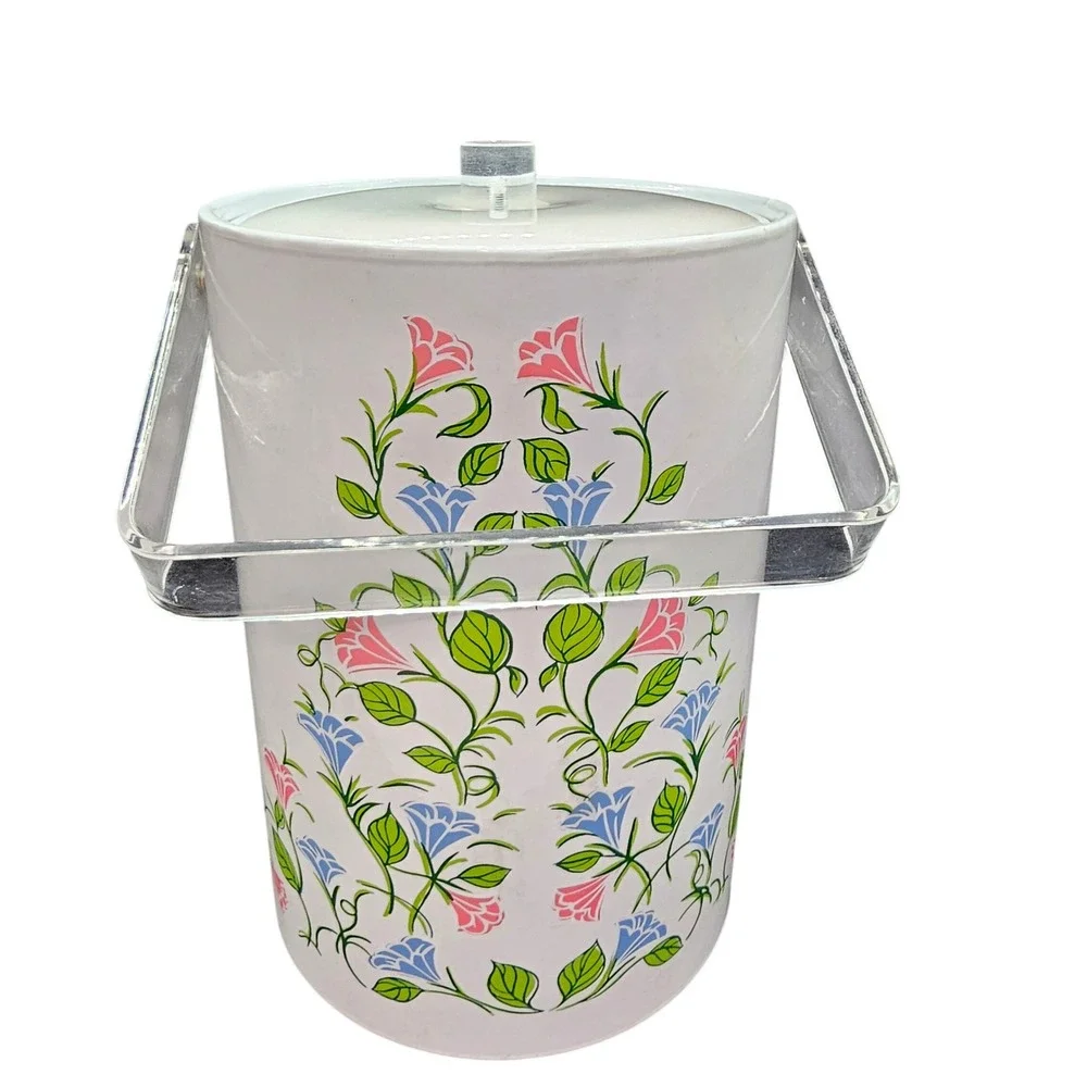 Vintage‎ 1960s Ice Bucket White Enamel Floral Lucite Handle MCM Barware